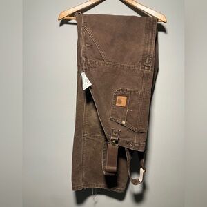 Y2k Carhartt Men's Dark Brown coveralls bib double knee work wear 40x30
